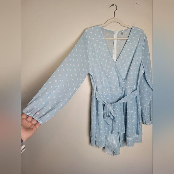 Blue Polka Dot Romper Jumpsuit White Frill Romantic Girly Date Night Coquette XL - Picture 3 of 8